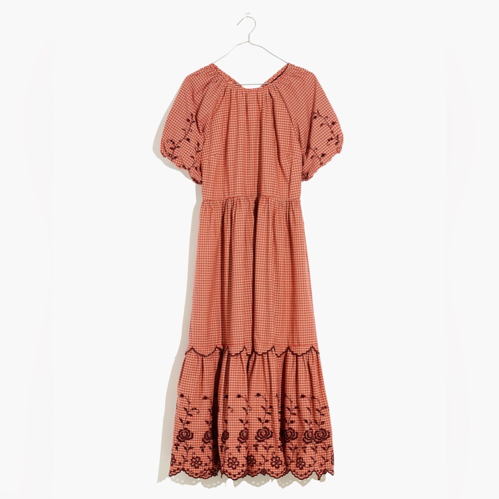 Madewell Embroidered Bubble-Sleeve‎ Midi Dress in Scarlet. - Picture 5 of 16